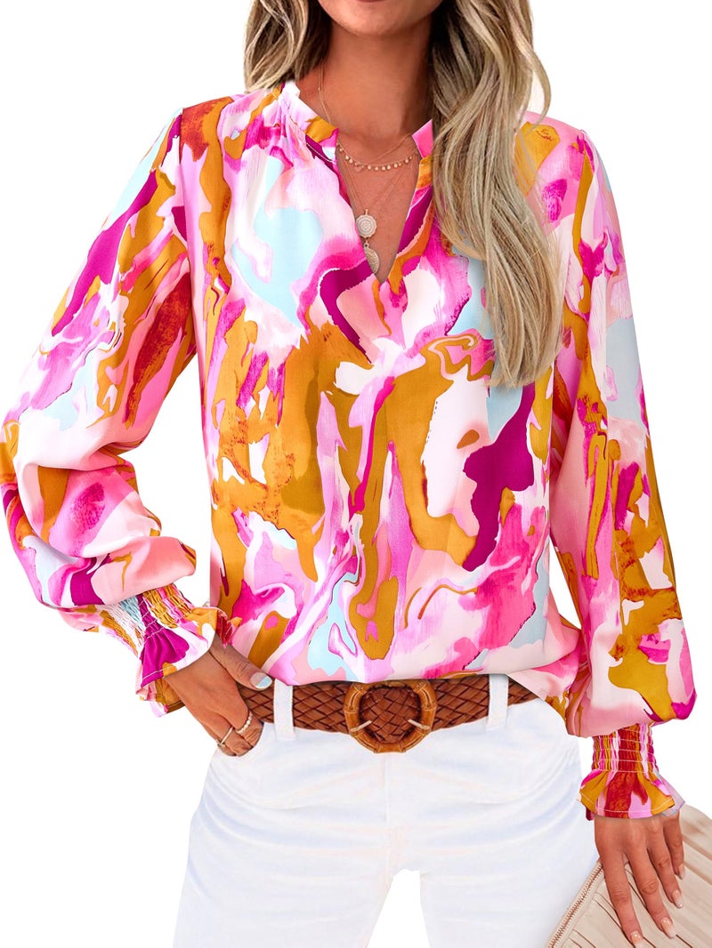 MASCOMODA Womens V Neck Floral Long Sleeve Tops 2026 Summer Casual Loose Puff Sleeve Chiffon Boho Work Blouse Dressy T Shirts(Brown Purple Floral,Medium) - Image 1
