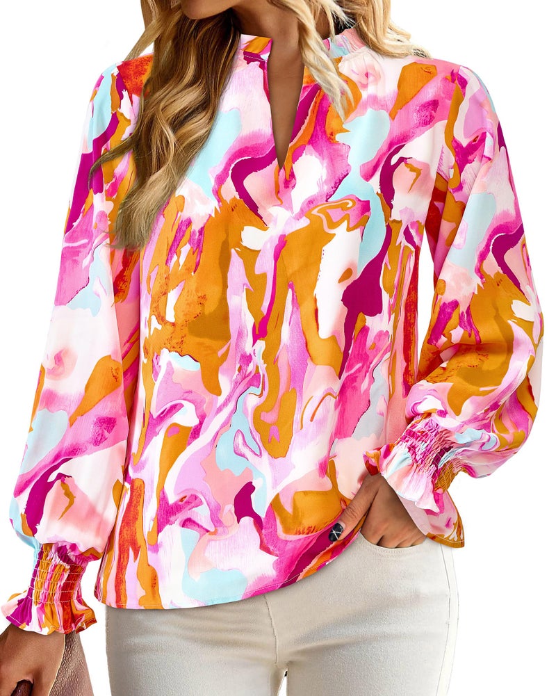 MASCOMODA Womens V Neck Floral Long Sleeve Tops 2026 Summer Casual Loose Puff Sleeve Chiffon Boho Work Blouse Dressy T Shirts(Brown Purple Floral,Medium) - Image 4