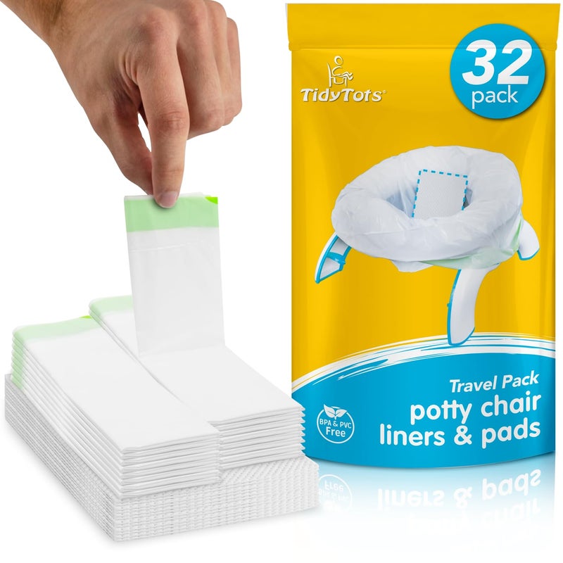 TidyTots Disposable Liners and Pads Compatible with OXO 2in1 Go Potty Chair for Potty Training Toddlers Combo Travel Pack of 32 Potty Liners and 32 Absorbent Pads Keeps Potty Seat Clean