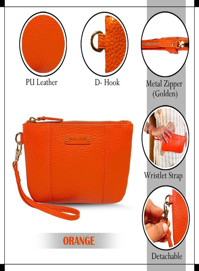 MANDAVA Ladies PU Leather Hand Clutch Wallet | Women's Zip Around Purse Bag with Detachable Wristlet Strap (Orange) - Image 3