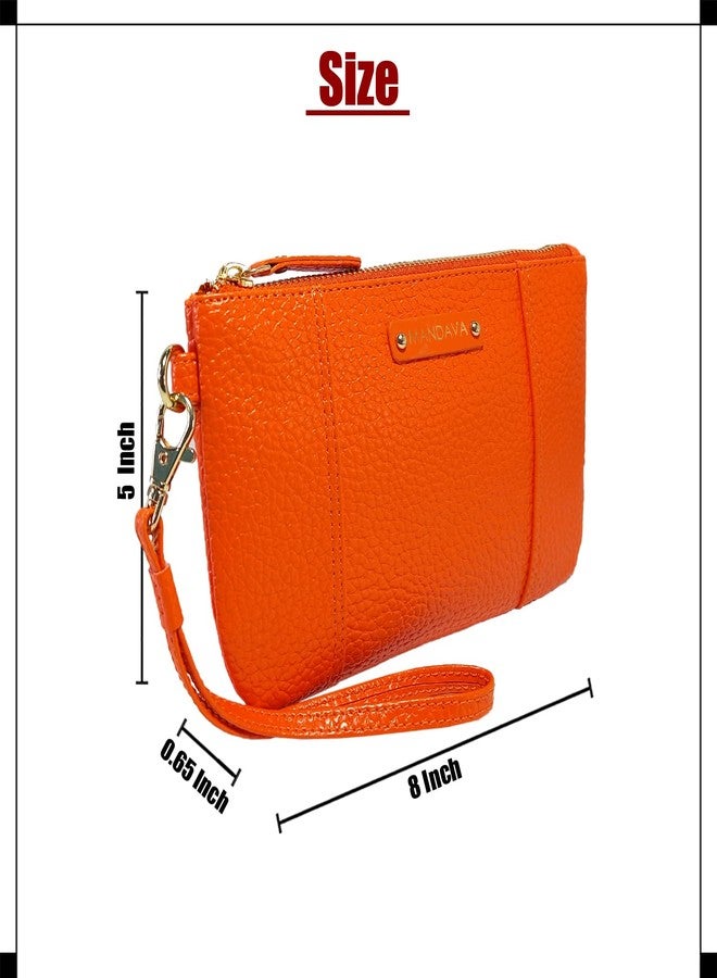 MANDAVA Ladies PU Leather Hand Clutch Wallet | Women's Zip Around Purse Bag with Detachable Wristlet Strap (Orange) - Image 4