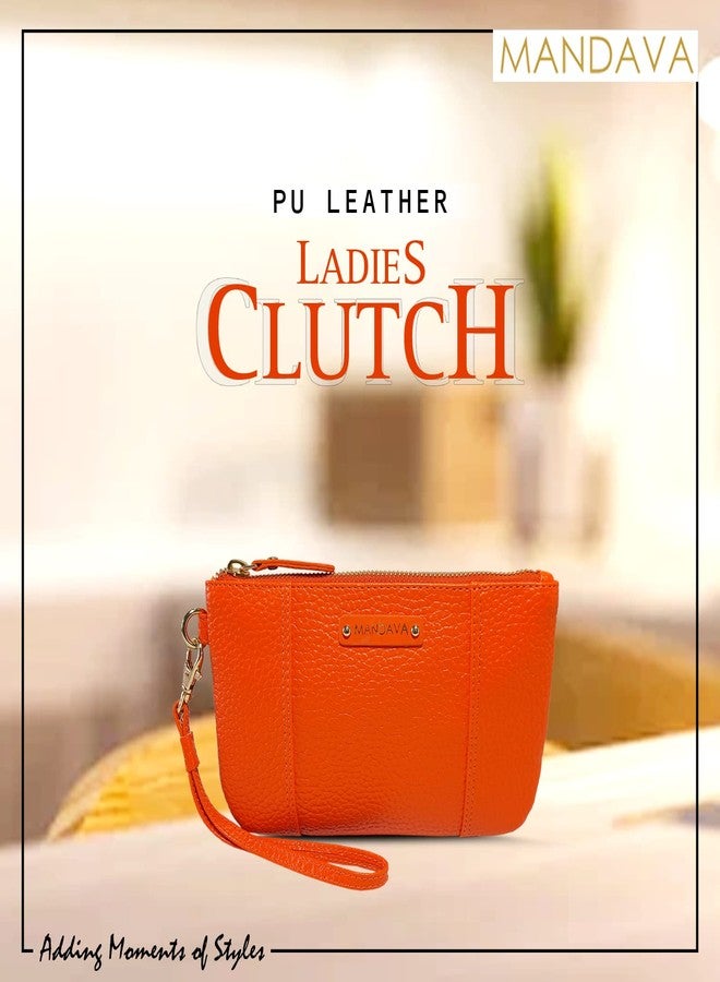 MANDAVA Ladies PU Leather Hand Clutch Wallet | Women's Zip Around Purse Bag with Detachable Wristlet Strap (Orange) - Image 5