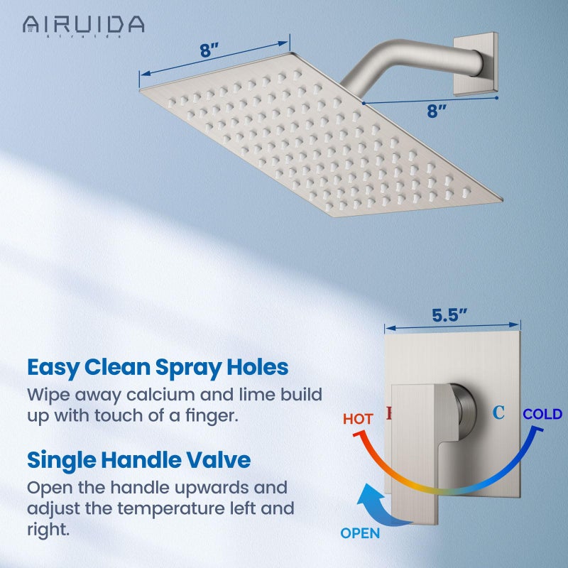 Airuida Shower Faucet Set Bathroom Rain Shower System Sus304 Stainless Steel Single Handle With Male Threads Rough-In Valve Shower Trim Kit 8 Inch Wall Mount Shower Head Brushed Nickel - Image 4