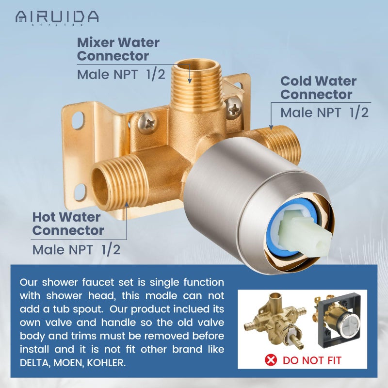 Airuida Shower Faucet Set Bathroom Rain Shower System Sus304 Stainless Steel Single Handle With Male Threads Rough-In Valve Shower Trim Kit 8 Inch Wall Mount Shower Head Brushed Nickel - Image 2