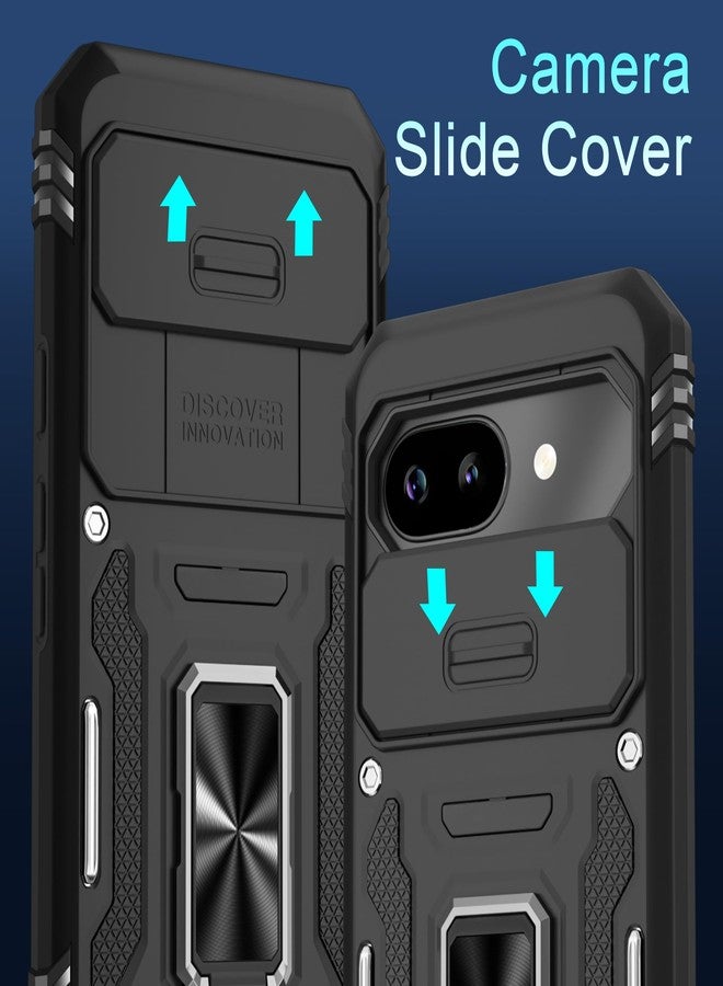 DEERLAMN Case for Google Pixel 9A with Slide Camera Cover+Screen Protector (1 Pack), Rotated Ring Kickstand Military Grade Shockproof Protective Cover-Black - Image 2