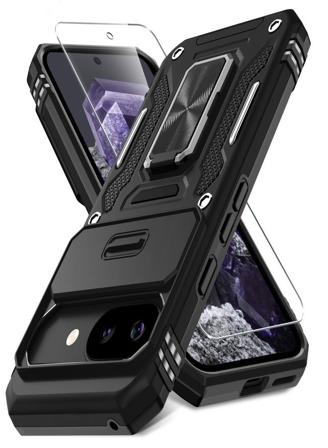 DEERLAMN Case for Google Pixel 9A with Slide Camera Cover+Screen Protector (1 Pack), Rotated Ring Kickstand Military Grade Shockproof Protective Cover-Black - Image 1