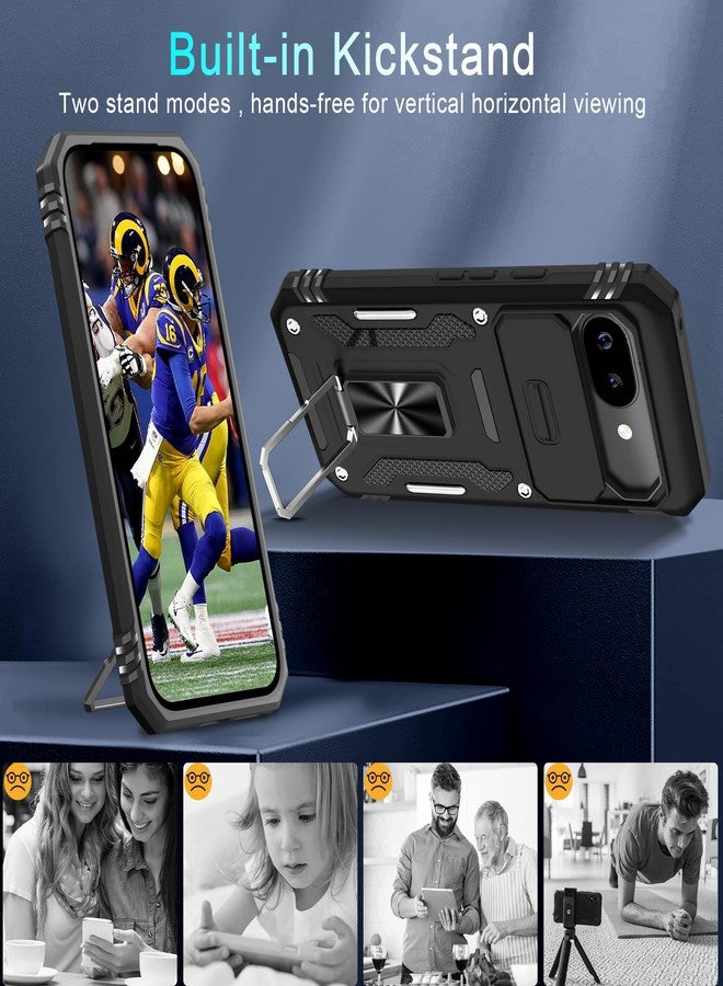 DEERLAMN Case for Google Pixel 9A with Slide Camera Cover+Screen Protector (1 Pack), Rotated Ring Kickstand Military Grade Shockproof Protective Cover-Black - Image 4