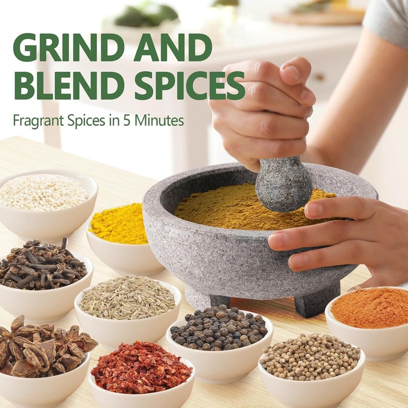 Luvan Large Mortar and Pestle Set,4 Cups Unpolished Granite Natural Stone Grinder Bowl for Molcajete Guacamole Bowl Crushing/Mexicano Guacamole,Spices Grinder,Herb Crusher,Salsa Pesto-8IN/Gray - Image 2