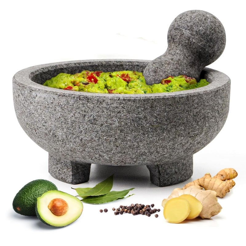 Luvan Large Mortar and Pestle Set,4 Cups Unpolished Granite Natural Stone Grinder Bowl for Molcajete Guacamole Bowl Crushing/Mexicano Guacamole,Spices Grinder,Herb Crusher,Salsa Pesto-8IN/Gray - Image 1