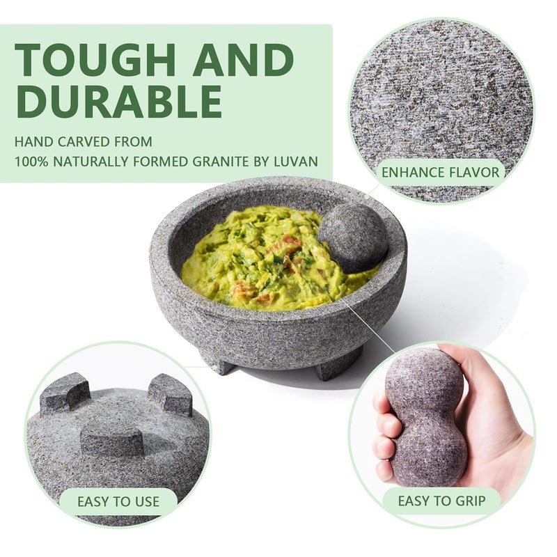 Luvan Large Mortar and Pestle Set,4 Cups Unpolished Granite Natural Stone Grinder Bowl for Molcajete Guacamole Bowl Crushing/Mexicano Guacamole,Spices Grinder,Herb Crusher,Salsa Pesto-8IN/Gray - Image 4