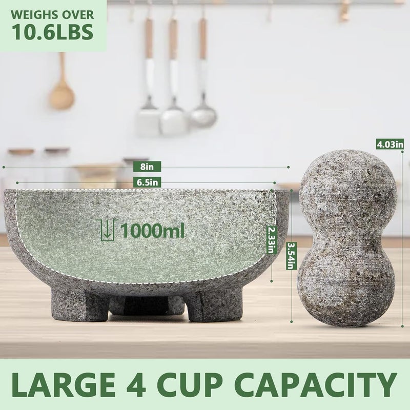 Luvan Large Mortar and Pestle Set,4 Cups Unpolished Granite Natural Stone Grinder Bowl for Molcajete Guacamole Bowl Crushing/Mexicano Guacamole,Spices Grinder,Herb Crusher,Salsa Pesto-8IN/Gray - Image 3