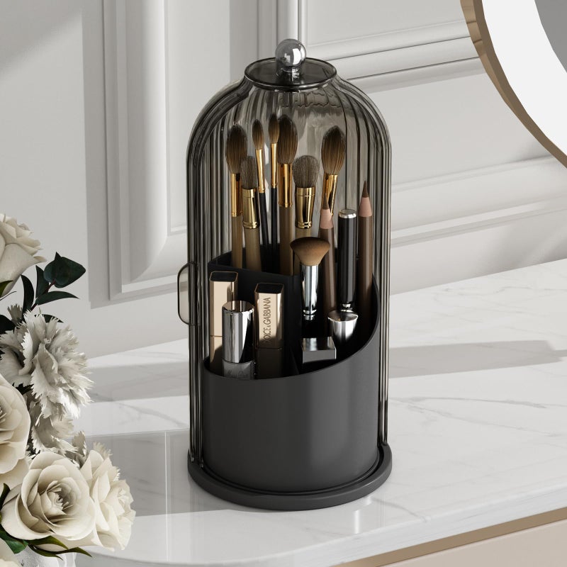 GAXmi Makeup Brush Holder with Lid Cosmetic Tools Organizer 360 Rotating Waterproof Dustproof Beauty Brushes Storage for Vanity, Black-Grey - Image 1