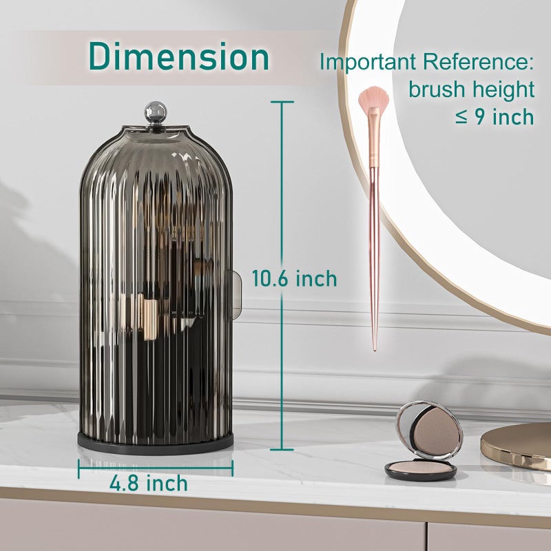 GAXmi Makeup Brush Holder with Lid Cosmetic Tools Organizer 360 Rotating Waterproof Dustproof Beauty Brushes Storage for Vanity, Black-Grey - Image 2