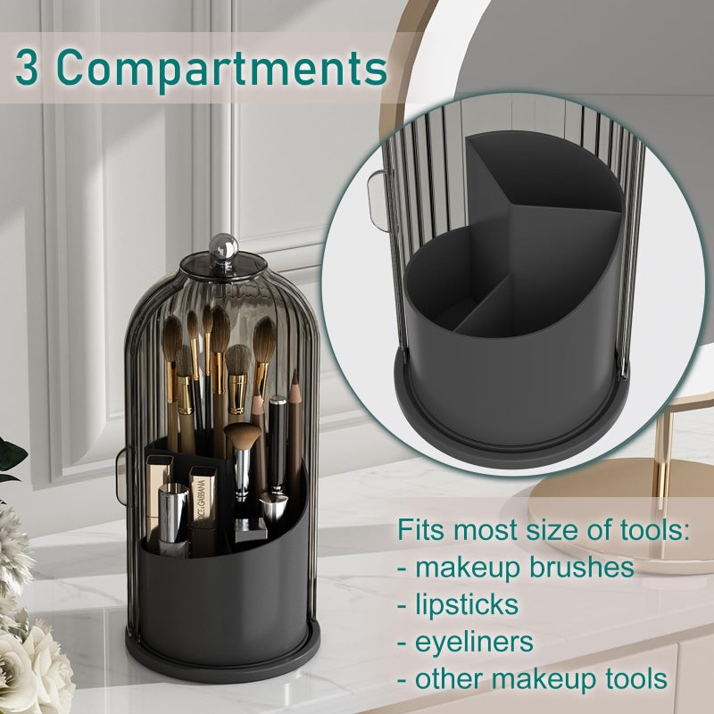 GAXmi Makeup Brush Holder with Lid Cosmetic Tools Organizer 360 Rotating Waterproof Dustproof Beauty Brushes Storage for Vanity, Black-Grey - Image 4