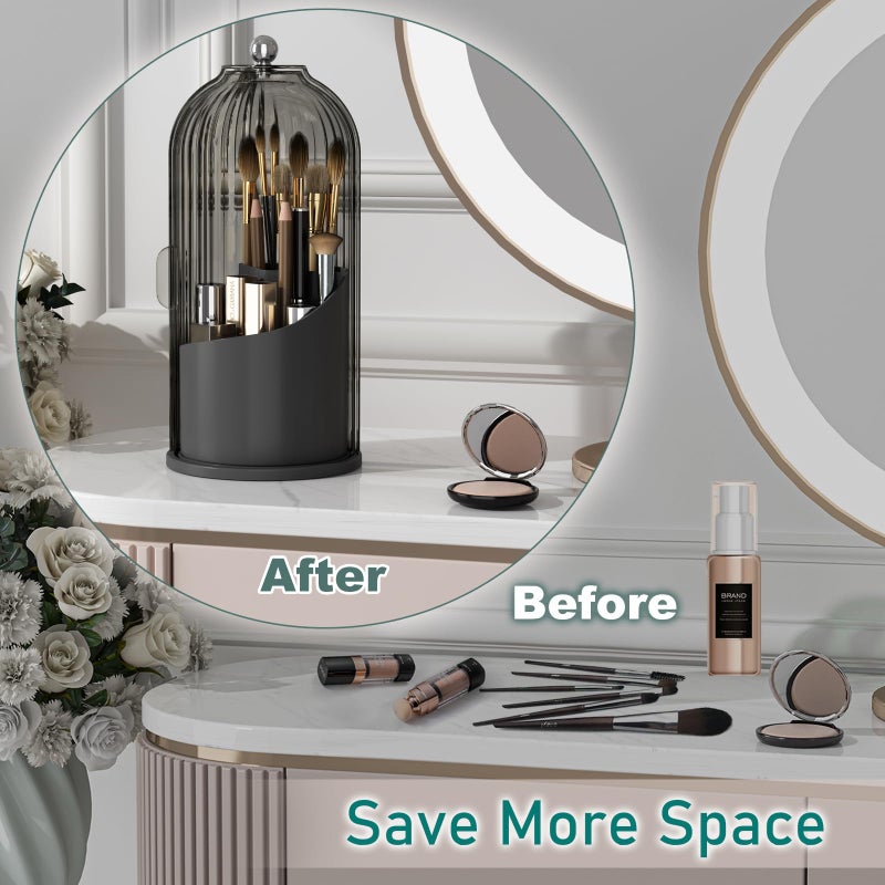 GAXmi Makeup Brush Holder with Lid Cosmetic Tools Organizer 360 Rotating Waterproof Dustproof Beauty Brushes Storage for Vanity, Black-Grey - Image 5