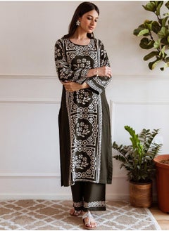 ISHIN Women's Green Rayon Printed Tunic Full Length Palazzo Straight Fit Kurta Set  - Image 3