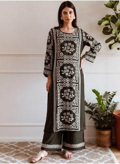 ISHIN Women's Green Rayon Printed Tunic Full Length Palazzo Straight Fit Kurta Set  - Image 5