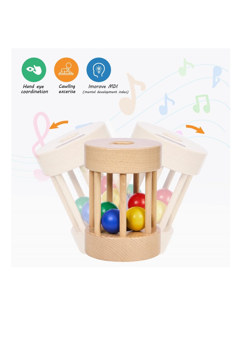 Zikra Montessori Wooden Roller Toy for Babies 6 -12 Months, Rainbow Baby Roller Toy Infant Ball Cylinder Rolling Drum Montessori-Inspired Rolling Drum Toy Colorful Montessori Drum Rattle for Infants - Image 2