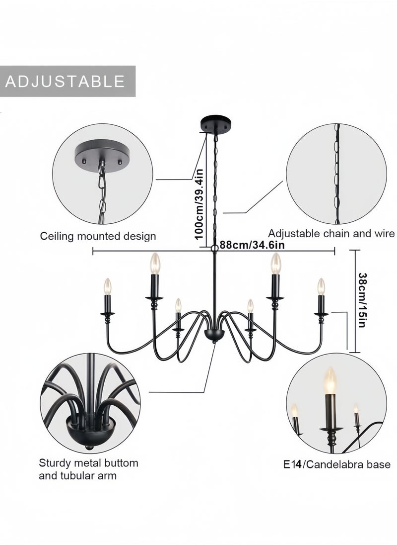 GGEROU Black Chandeliers Ceiling Lights Living Room, 6 Lights Pendant Light Fitting Industrial Ceiling Lighting for Kitchen Dining Room Bedroom Hall, Height Adjustable, E14 Bulbs (Exclude)  - Image 4