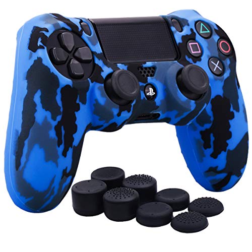 YoRHa Water Transfer Printing Camouflage Silicone Cover Skin Case for Sony PS4/slim/Pro Dualshock 4 Controller x 1(Blue) with Pro Thumb Grips x 8 - Image 1