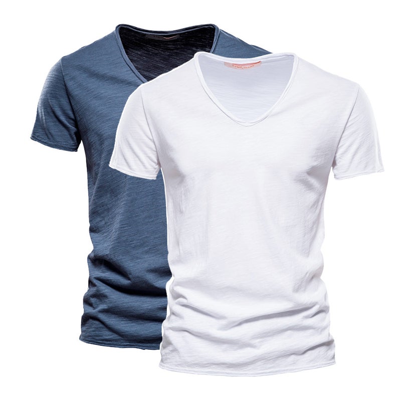 2-Pack Men''s Solid Color Slub Cotton V-Neck Short-Sleeve T-Shirts, Pure Cotton and Style Men''s Clothing, Same Style Trendy Brand, Moisture-Wicking and Sweat-Wicking - Image 1