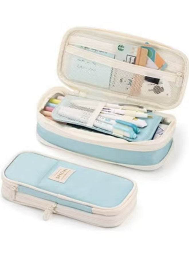 بيوينتي حافظة أقلام كبيرة بسعة كبيرة حقيبة أقلام كبيرة للقرطاسية للبنات المراهقات (بيج فاتح-أزرق) - Image 1