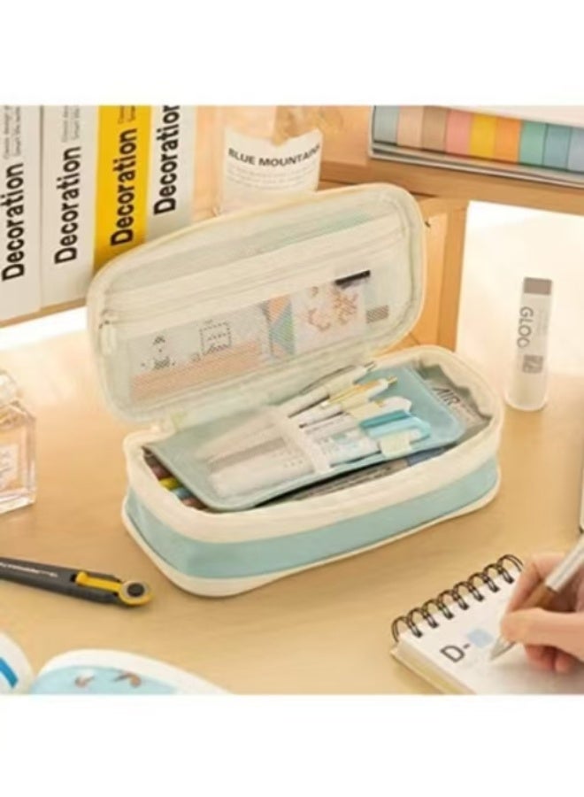 بيوينتي حافظة أقلام كبيرة بسعة كبيرة حقيبة أقلام كبيرة للقرطاسية للبنات المراهقات (بيج فاتح-أزرق) - Image 3