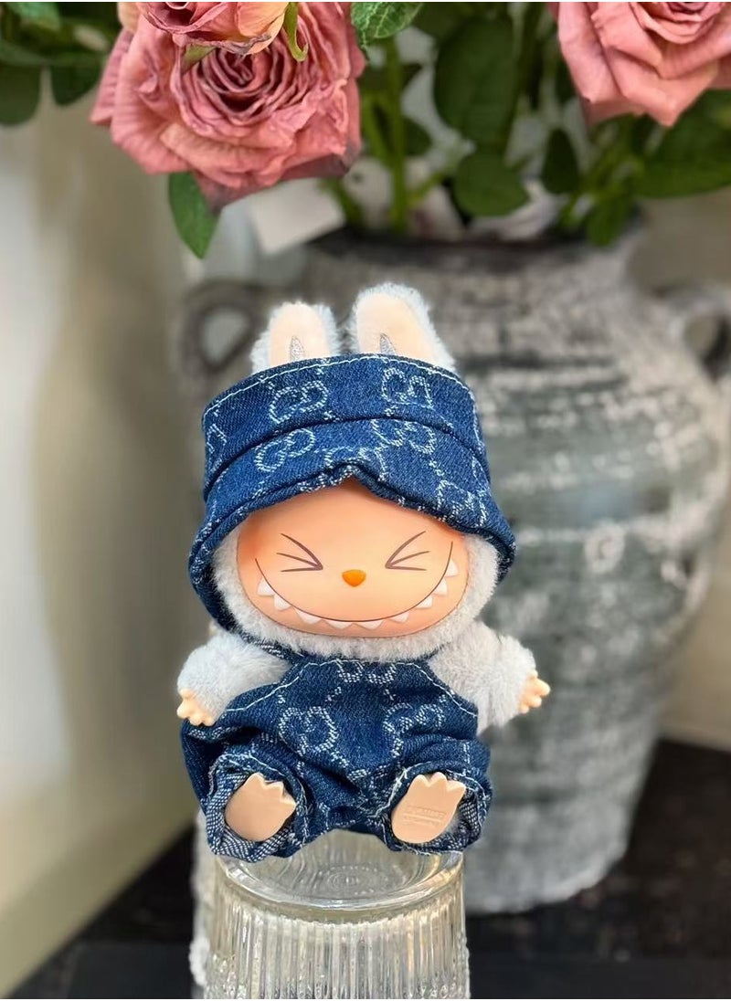 LABUBU Labubu Classic Blue Denim Set: Jumpsuit & Cap for 17cm Doll - Timeless Outfit (Doll/Shoes Not Incl.) 