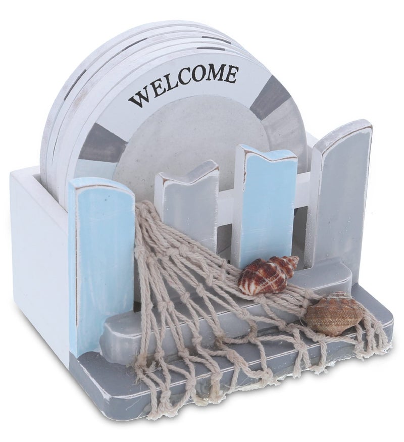CoTa Global CoTa Global Moonlight Nautical Drink Coasters Set of 6 - Rustic Coasters for Drinks with Holder  Beach Decorations for Home Coastal Decor  Table Top Coasters for Desk - 6 Wood Coasters and 1 Holder 