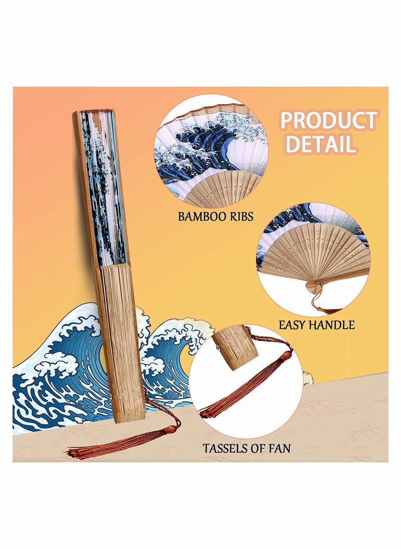 SYOSI Folding Hand Held Fan, Elegant Janpanese Style Painted Waves Retro Bamboo Folding Fan Home Office Decoration, Handmade Landscape Silk Folding Fan Kanagawa Fan for Women Girls Dance Performance  - Image 4