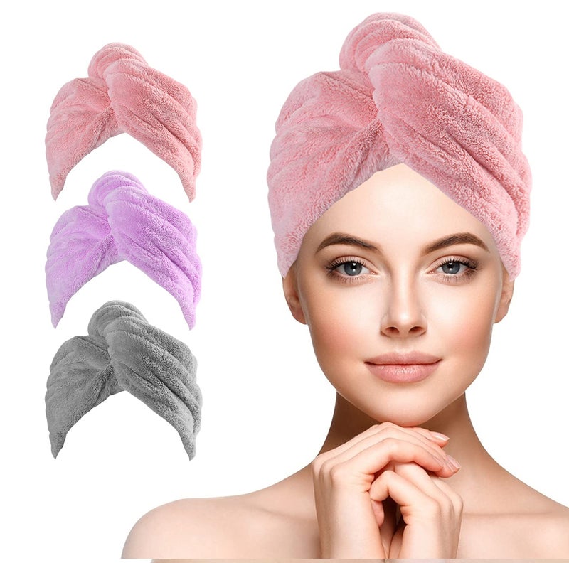 URAQT Microfiber Hair Towel Wrap for Woman 3 Pack Hair Turbans for Wet Hair Quick Dry Hair Turban for Drying Curly Long Thick Hair