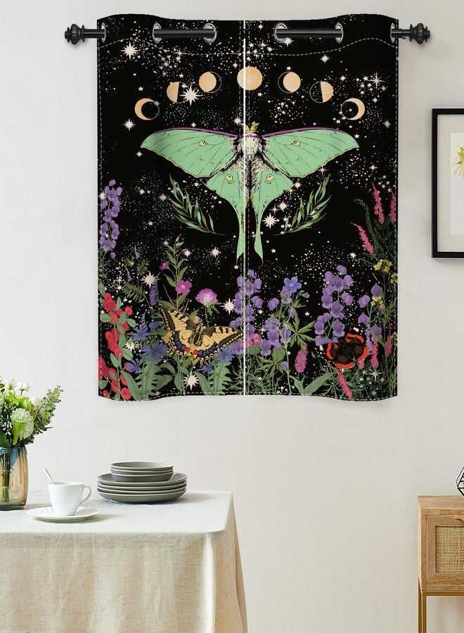 Renaiss Luna Moth Window Curtains Butterfly Moon Phase Decorative Blackout Drapes Vintage Moth Wildflowers Starry Sky Grommet Window Treatments for Kitchen Bedroom Living Room 21x45 Inches x 2 Panels - Image 2