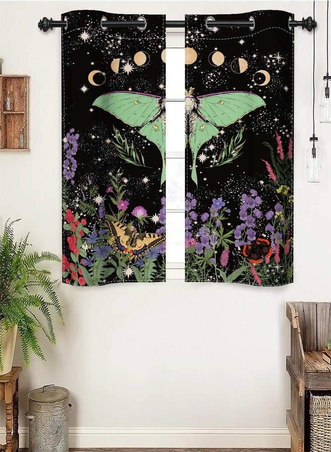 Renaiss Luna Moth Window Curtains Butterfly Moon Phase Decorative Blackout Drapes Vintage Moth Wildflowers Starry Sky Grommet Window Treatments for Kitchen Bedroom Living Room 21x45 Inches x 2 Panels - Image 3
