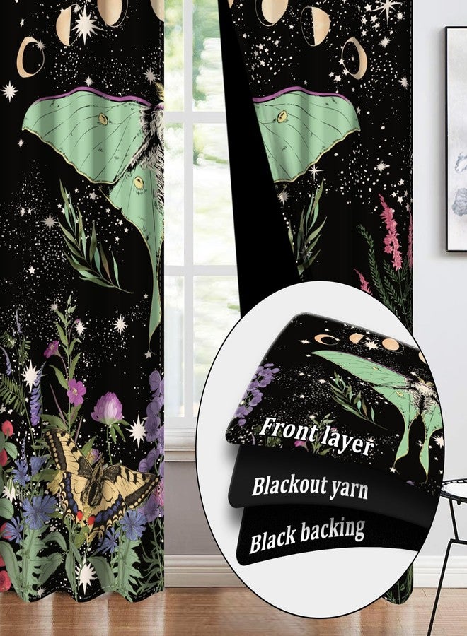 Renaiss Luna Moth Window Curtains Butterfly Moon Phase Decorative Blackout Drapes Vintage Moth Wildflowers Starry Sky Grommet Window Treatments for Kitchen Bedroom Living Room 21x45 Inches x 2 Panels - Image 5