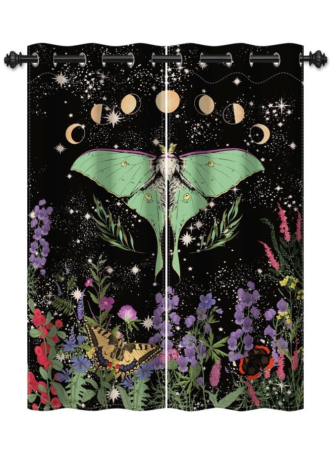Renaiss Luna Moth Window Curtains Butterfly Moon Phase Decorative Blackout Drapes Vintage Moth Wildflowers Starry Sky Grommet Window Treatments for Kitchen Bedroom Living Room 21x45 Inches x 2 Panels - Image 1