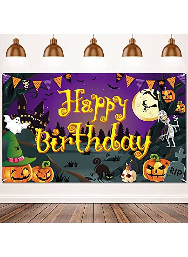 Tatuo Happy Birthday Halloween Backdrop Halloween Birthday Party Background Pumpkin Ghost Spooky Castle Photography Background Halloween Party Photo Booth Banner Large Birthday Backdrops Decor 6 X 3.6 Ft - Image 1