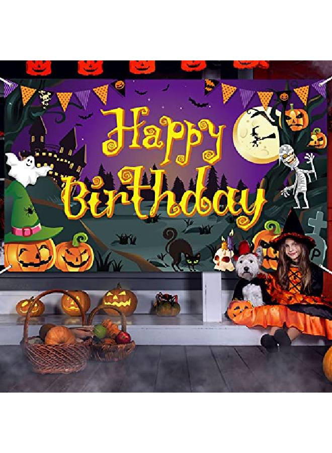Tatuo Happy Birthday Halloween Backdrop Halloween Birthday Party Background Pumpkin Ghost Spooky Castle Photography Background Halloween Party Photo Booth Banner Large Birthday Backdrops Decor 6 X 3.6 Ft - Image 4