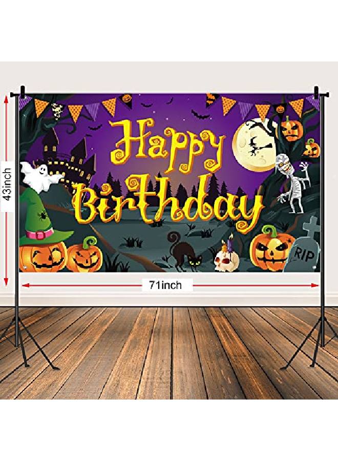 Tatuo Happy Birthday Halloween Backdrop Halloween Birthday Party Background Pumpkin Ghost Spooky Castle Photography Background Halloween Party Photo Booth Banner Large Birthday Backdrops Decor 6 X 3.6 Ft - Image 2