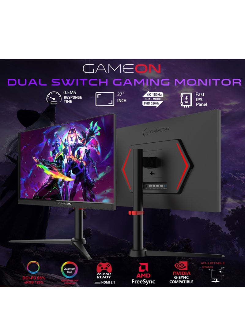 GAMEON 27" Inch Dual Switch Gaming Monitor (1920x1080) FHD, Fast IPS Panel, 160/320Hz Refresh Rate, Response Time 0.5ms, HDMI 2.1, G-Sync & Free Sync, Support PS5 - GOSX27B | Black - Image 3
