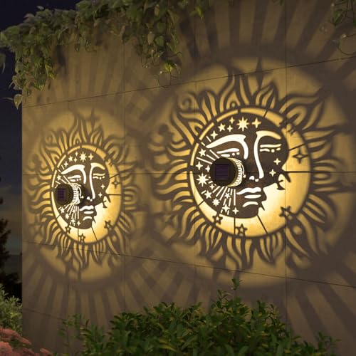 gardencave 4 Pack Solar Fence Lights Metal Solar Powered Outdoor Wall Deck Step Lights Sun Moon Theme Waterproof Fence Light for Garden Post Patio Backyard Yard Decor Gardening Gifts for Women Mom Grandma - Image 1
