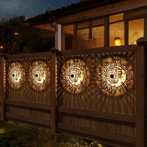 gardencave 4 Pack Solar Fence Lights Metal Solar Powered Outdoor Wall Deck Step Lights Sun Moon Theme Waterproof Fence Light for Garden Post Patio Backyard Yard Decor Gardening Gifts for Women Mom Grandma - Image 3