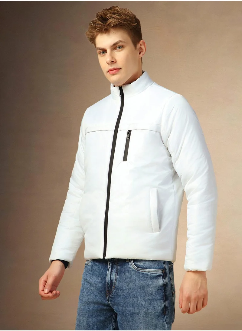 دينيس لينغو Men's White 100% Polyester Solid Regular Fit Jacket