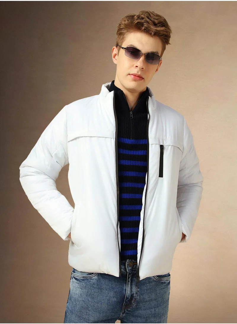 دينيس لينغو Men's White 100% Polyester Solid Regular Fit Jacket