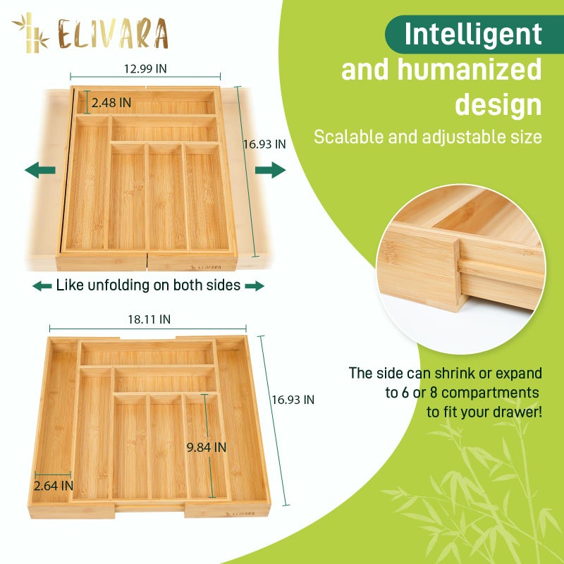 ELIVARA 100% Bamboo Expandable Drawer Organizer - Adjustable Utensil and Cutlery Tray for Kitchen, Office, and Bathroom Storage. - Image 4