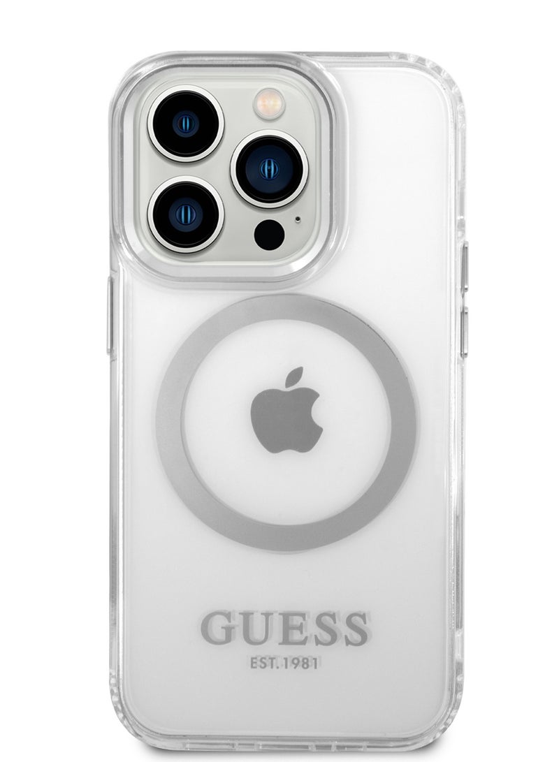 GUESS iPhone 14 Pro Max Case MagSafe Compatibility Transparent Outline Back Cover / Bumper and Scratch Protection / Slim Profile / Easy Snap-On - Silver  - Image 1