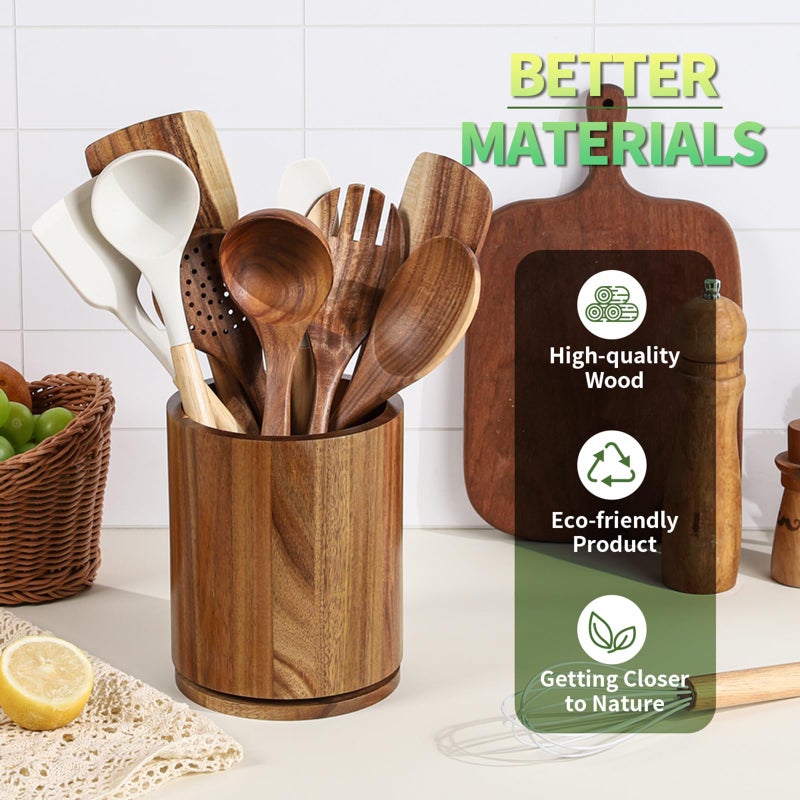 gorsent Wooden Utensil Holder, 360Â°Rotating 7.3'' Large Utensil Holder for Kitchen Counter, Kitchen Utensil Organizer, Utensil Crock, Farmhouse Kitchens Countertop Decor, Acacia Wood - Image 5