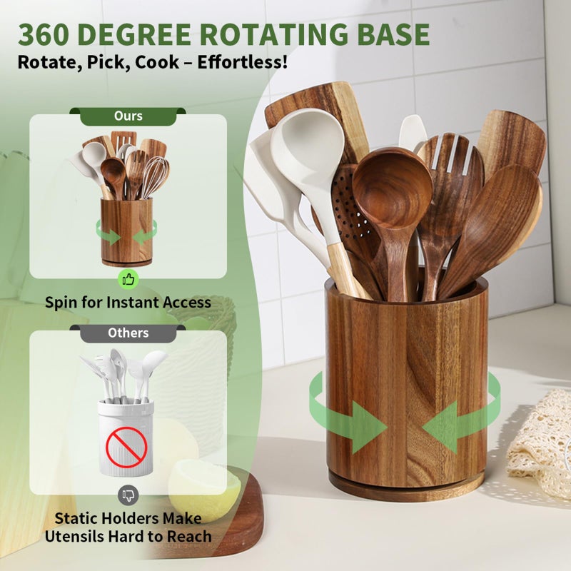 gorsent Wooden Utensil Holder, 360Â°Rotating 7.3'' Large Utensil Holder for Kitchen Counter, Kitchen Utensil Organizer, Utensil Crock, Farmhouse Kitchens Countertop Decor, Acacia Wood - Image 2