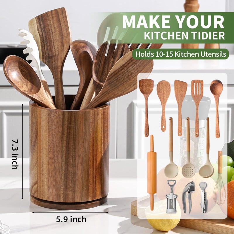 gorsent Wooden Utensil Holder, 360Â°Rotating 7.3'' Large Utensil Holder for Kitchen Counter, Kitchen Utensil Organizer, Utensil Crock, Farmhouse Kitchens Countertop Decor, Acacia Wood - Image 3