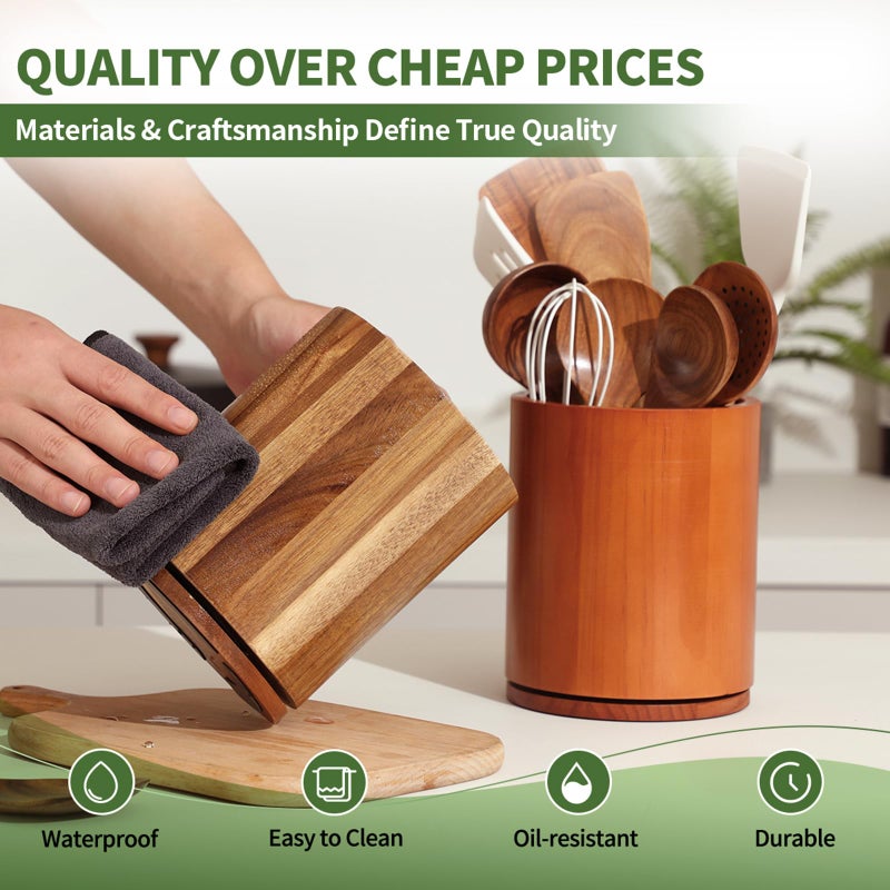 gorsent Wooden Utensil Holder, 360Â°Rotating 7.3'' Large Utensil Holder for Kitchen Counter, Kitchen Utensil Organizer, Utensil Crock, Farmhouse Kitchens Countertop Decor, Acacia Wood - Image 4