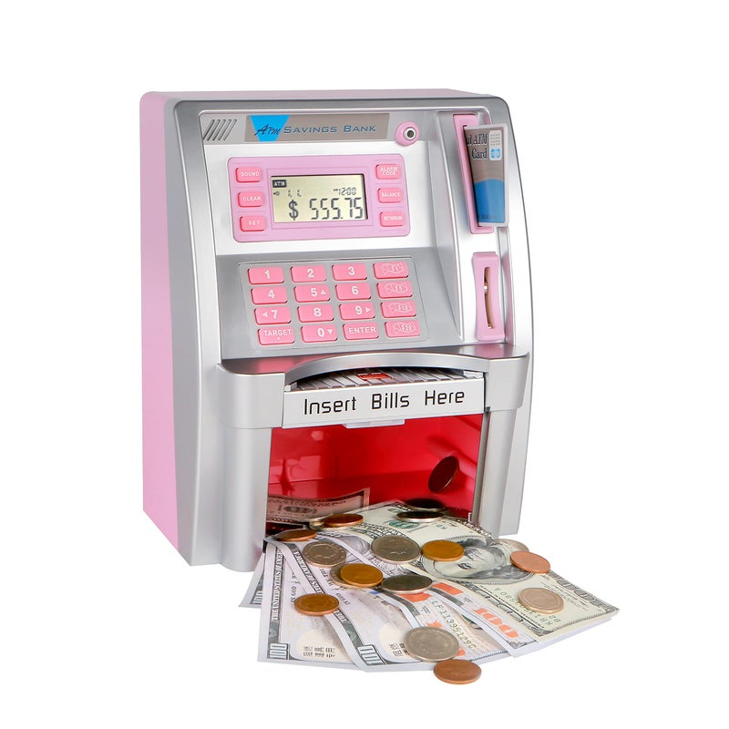 ECOTOB ATM Savings BankPink Mini ATM Piggy Bank for Real MoneyPersonal ATM Cash Coin Money Savings Machine for Kids Adults with Card Boys Girls Gift Children Toy Coin Reader and Balance Calculator